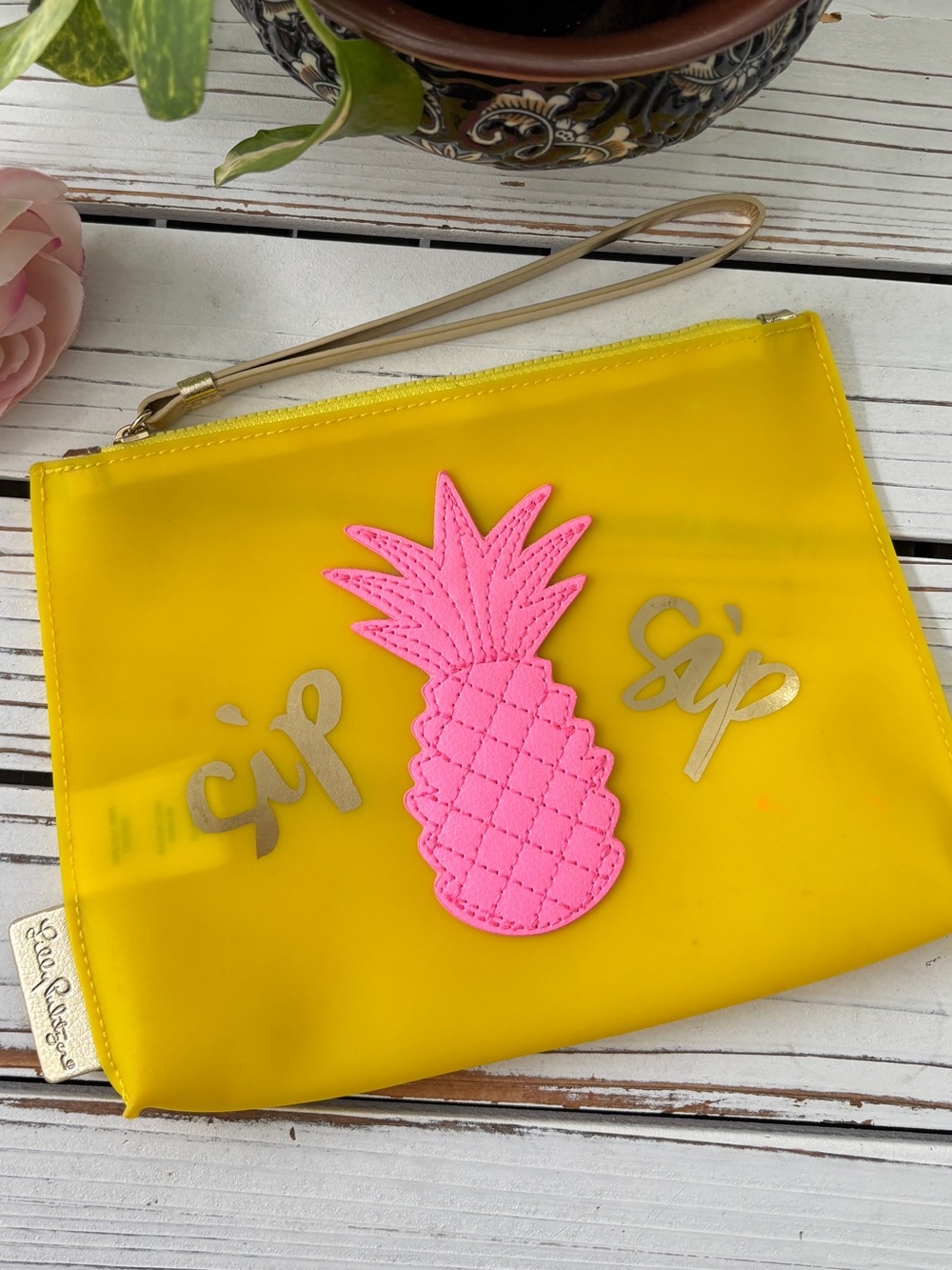 Lilly Pulitzer Jelly Wristlet Pouch Pineapple Zipper Sip Yellow Pink